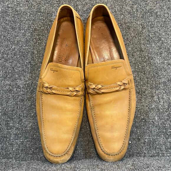 Salvatore Ferragamo Mens 10.5 Tan Leather Almond Toe Slip on Loafers Italy Braid